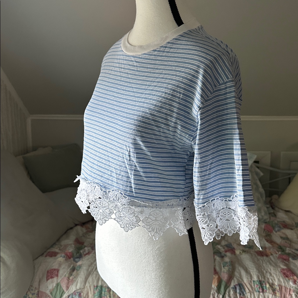 Topshop Light Blue Striped Cropped Shirt With White Lace